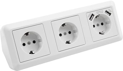 Hoekcontactdoos met USB, 3x stopcontact, 2x USB, 230V/16A, Opbouw/Onderbouw, Geschikt voor Keuken en Werkplek