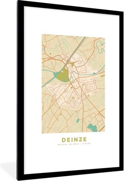 Fotolijst incl. Poster - Kaart - Deinze - Plattegrond - Vintage - Stadskaart - 80x120 cm - Posterlijst