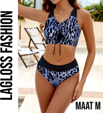 LaGloss® Bikini Set Blauwe Luipaardprint – 2-Delige Damesbadmode met Hoog Elastisch Comfort – Maat M