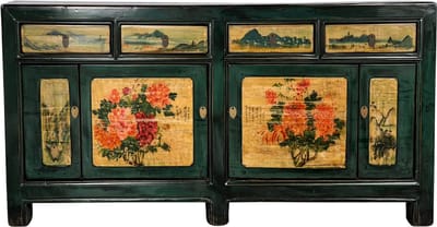 Fine Asianliving Antieke Chinese Dressoir Teal Handgeschilderd Pioenrozen B176xD45xH85cm Chinese Meubels Oosterse Kast