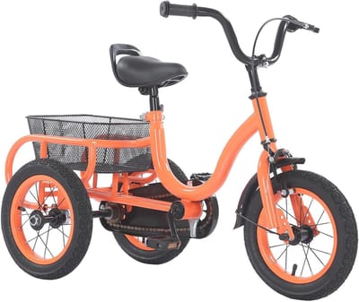 12 inch driewieler voor kinderen, kinderdriewieler met voorspatbord, 2-5 jaar, kinderfiets met grote mand en in hoogte verstelbaar zadel (oranje)