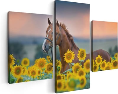 Artaza Canvas Schilderij Drieluik Bruin Paard Tussen De Zonnebloemen - 90x60 - Foto Op Canvas - Canvas Print