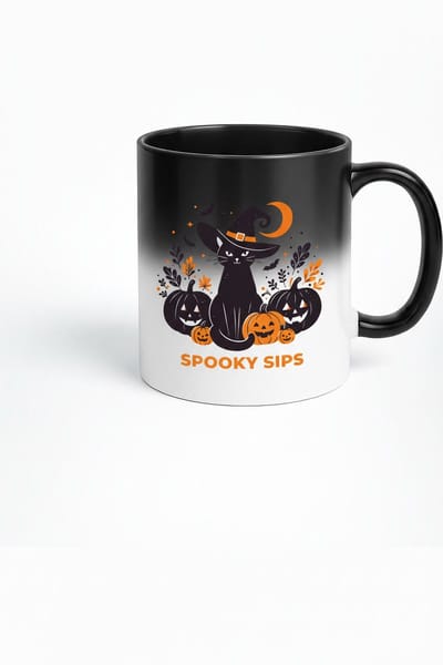 Halloween Magische Warmtegevoelige Mok - Spooky Sips Zwarte Kat met Pompoenen