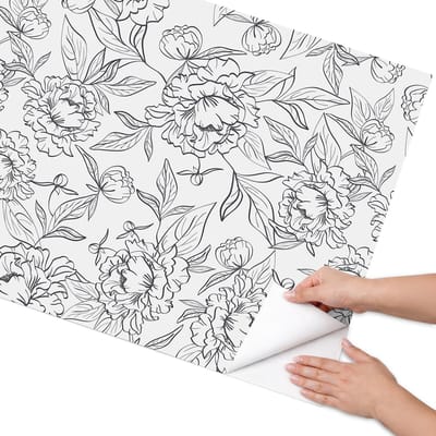 Coloray Meubel Wrap Folie - Zwart-wit Meubelfolie - 75x150 cm - Decoratiefolie Bloemenpatroon - Meubel Wrap Folie - Minimalist Meubelfolie - Plakfolie Meubels - Keuken decoratie - Bloemen en planten