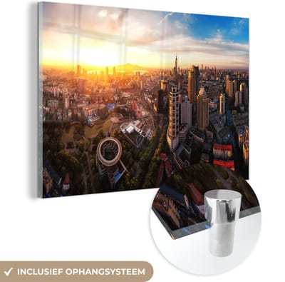 ® Glasschilderij 180x120 cm - Schilderij acrylglas - Panaroma van de Chinese stad Nanjing - Foto op glas - Muurdecoratie woonkamer - Wanddecoratie slaapkamer - Schilderijen