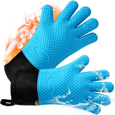 carmdering - Ovenhandschoenen Silicone - BBQ Handschoenen - Keukenaccessoires - Hittebestendig Tot 240°C - Antislip Vijf Vingers Ontwerp - VoedselSilicone En Katoen - Extra Lang Voor Onderarm Bescherming - Gemakkelijk Schoon Te Maken - Paar - Blauw