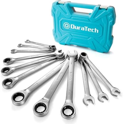 DURATECH 12-delig ratchet-combinatiesleutelset 8-19 mm, vaste kop open uiteinde ratchet-combinatiespannerset, metrisch, Cr-V staal, georganiseerd in