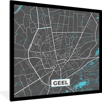 Fotolijst incl. Poster - Stadskaart – Grijs - Kaart – Geel – België – Plattegrond - 40x40 cm - Posterlijst