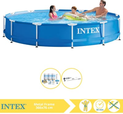 Intex Rond Frame Zwembad - 366 x 76 cm - Blauw - Inclusief Onderhoudspakket - Stofzuiger - 3-delig