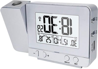 Digitale Projectie Alarmklok met Tijd, Temperatuur en Vochtigheid, Dubbele Alarmfunctie, Snooze, Timer en Kalender, USB Poort (Zilver)