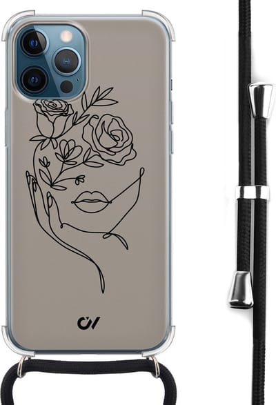 Casevibes - Telefoonhoesje met koord - Geschikt voor Apple iPhone 12 - Oneline Face Flower - Bruin -