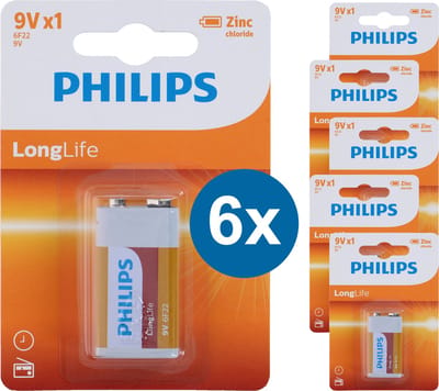 Philips 9V Batterijen - 6 Stuks (6 Blisters a 1 Stuk) - Voordeelverpakking Batterijen - Zink Technologie