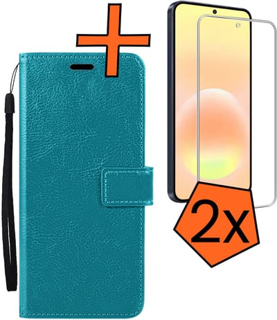 Hoes - Met 2x Screenprotector - Geschikt voor Samsung Galaxy A57 - Luxe Pasjeshouder - Bookcase Portemonee - Flip Case - Kunstleer Book Case - Flipcase Hoes - Book Cover - Walletcase - PortemonneeHoes - Turquoise