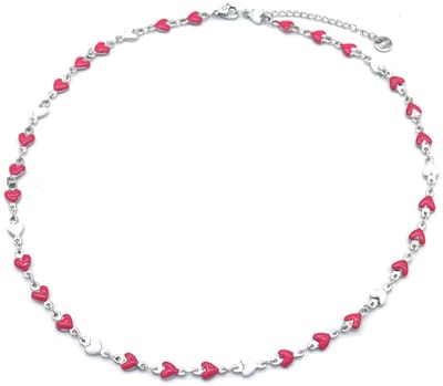 Ketting met Hartjes - RVS - Lengte 39-44 cm - Zilverkleurig en Roze – valentijn – cadeau