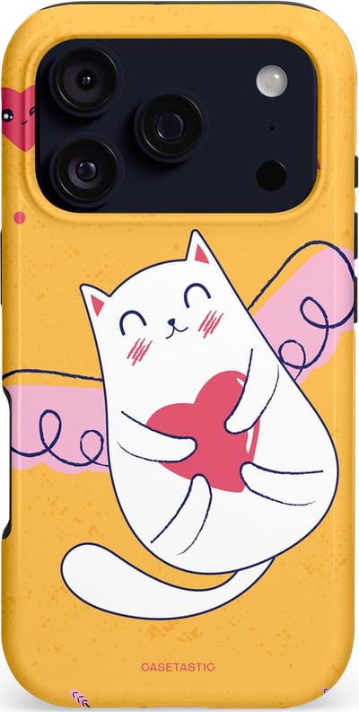 Casetastic hoesje geschikt voor Apple iPhone 17 Pro - MagSafe - Dubbellaagse bescherming - Kattenflirt Geel Rode Hartjes Liefde - Fashion Case - Goud Wit