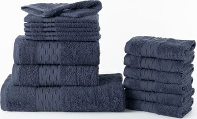 Homéé badhanddoeken 15 delige sets golf jacquard 1 badlakens 2 handdoeken 6 gastendoekjes en 6 washandjes 550 g. m² - mauna (blauw/antraciet)