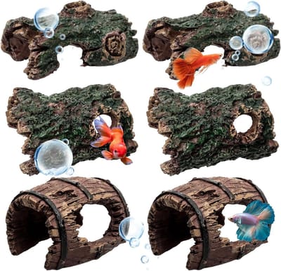 Decoratieve Accessoires voor Aquarium - 6 Stuks Holle Boomstam Ornamenten voor Reptielen en Betta Vissen, Ideaal als Schuilplaats en Versiering