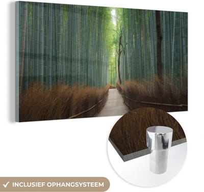 MuchoWow® Glasschilderij 40x20 cm - Schilderij acrylglas - Bamboe - Pad - Bos - Foto op glas - Schilderijen