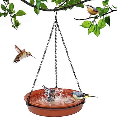 Vogelvoederbak - Vogelbad Voor Buiten met Hangend Vogelvoederstation 28 cm - Wilde Vogel Voederbak met Ketting en S-Haak - Tuindecoratie voor Tuin Balkon en Terras -Bruin