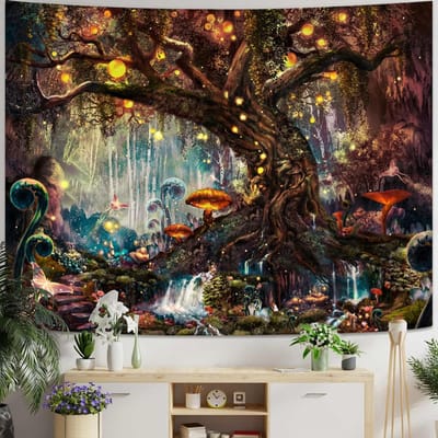 Sprookjes Magisch Bos Wandkleed, Natuur Levensboom Met Elfen Landschap Wandkleed Wanddecoratie Voor Woonkamer Slaapkamer 70x100CM