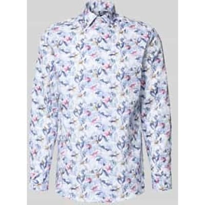 OLYMP Luxor modern fit overhemd - dobby - wit met blauw en roze bloemen dessin - Strijkvrij - Boordmaat: 44 (EU maat: XL)