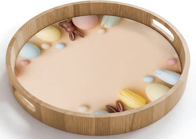 Dienblad rond 40x40 cm - Schootdienblad hout - Tulpen - Paaseieren - Chocolade - Pastelkleuren - Borrelplank rechthoek - Plateau houten dienbladen