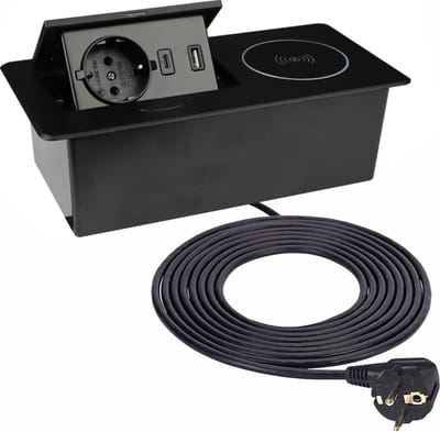 Design Light Zeobox - Stekkerdoos met USB A & C - Qi laadstation - Inbouw Stekkerblok met 1.5 meter kabel - Zwart