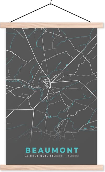 Posterhanger incl. Poster 40x60 cm - Schoolplaat - Stadskaart – Grijs - Kaart – Beaumont – België – Plattegrond - Textielposter - Blanke latten - Stadskaart