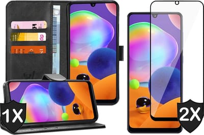 Hoesje geschikt voor Samsung Galaxy A31 - 2x Screen Protector FullGuard - Book Case Kunstleer Pasjeshouder Zwart & Screenprotector