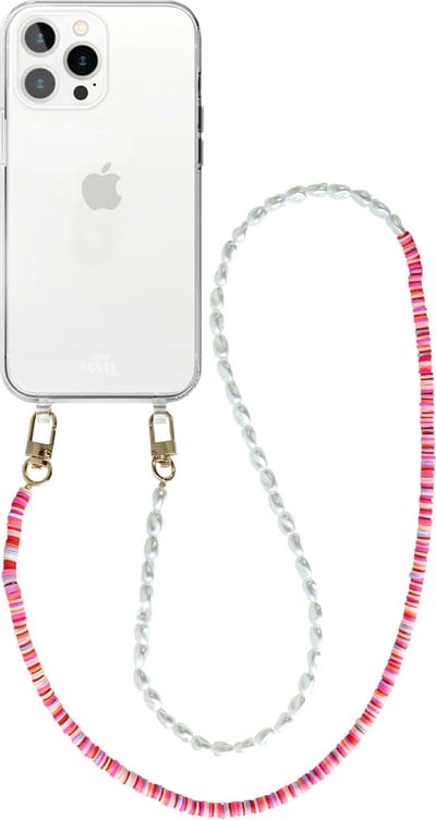 xoxo Wildhearts silicone case met koord - Transparant telefoonhoesje met koord - telefoonketting - Island Girl - long - Cord Case - geschikt voor Apple iPhone 15 Pro Max - Lange parelketting / kralenketting - Parels - Wit / Roze