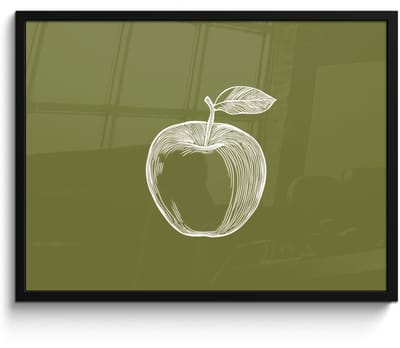 Poster in lijst - Fotolijst 70x50 cm - Posters - Lijntekening - Appel - Olijfgroen - Blaadje - Posterlijst zwart - Decoratie - Wanddecoratie woonkamer - Muurdecoratie slaapkamer