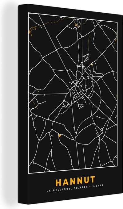 Canvas Schilderij Kaart - Hannut - Goud - Stadskaart - Plattegrond - 20x30 cm - Wanddecoratie