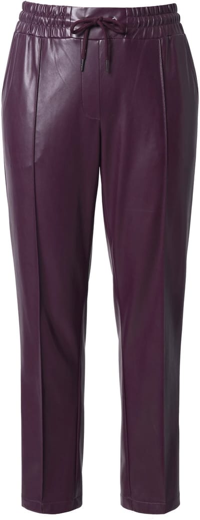 Ulla Popken - Dames - 7/8-broek leerlook plooien elastische tailleband - Donkerpruim - Maat 46