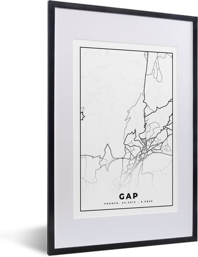 Fotolijst incl. Poster Zwart Wit- Frankrijk – Kaart – Plattegrond – Gap - Stadskaart - Zwart wit - 40x60 cm - Posterlijst