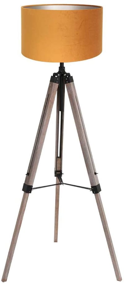 Vloerlamp Triek 4103ZW - Driepoot van hout met gouden velours kap, in hoogte verstelbaar van 135 tot 160 cm, trendy design - Mexlite