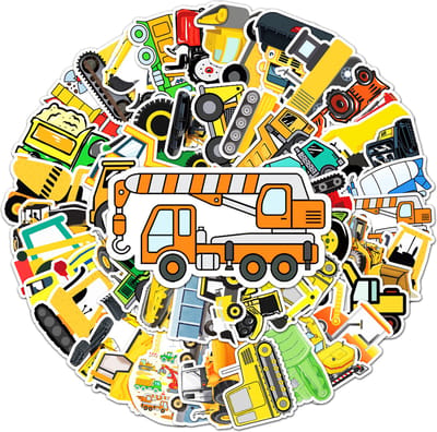 50 Stickers met Werkvoertuigen; Kraan, Heftruck, Graafmachine, Betonwagen, Kiepwagen etc. - Voertuigen stickers voor kinderen