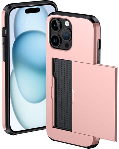 Hoesje Geschikt voor iPhone 15 Pro Hoesje Met Pasjeshouder Hard Case Met Kaarthouder - Hoes Geschikt voor iPhone 15 Pro Hoesje Pashouder Case - Rosé goud