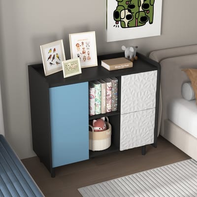 REDOM Buffetkast zwart-blauw, MDF – 2 lades, 1 deur en 2 open vakken, 40×90×80 cm, modern accentmeubel