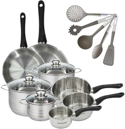 Set van 2 Pannen 24/28cm, 3 Kookpotten 16/20/24cm en 3 Steelpannen 12/16/20cm van roestvrij staal Fackelmann Geneva en 5 keukengerei