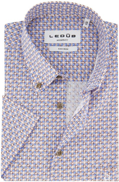 Overhemd Ledub Modern Fit blauw bruin geprint katoen