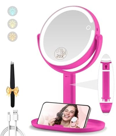 Dubbelzijdige Make-up Spiegel met Verlichting - Oplaadbare 360° Rotatie 1x/20x Vergroting en Instelbare Helderheid