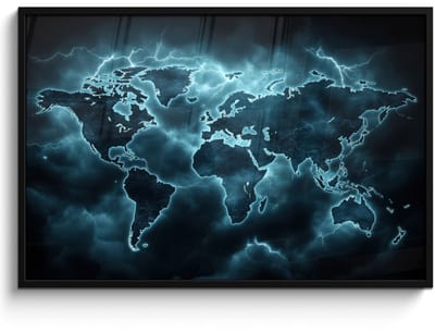 Poster in lijst - Fotolijst 120x80 cm - Posters - Wereldkaart - Bliksem - Blauw - Posterlijst zwart - Decoratie - Wanddecoratie woonkamer - Muurdecoratie slaapkamer