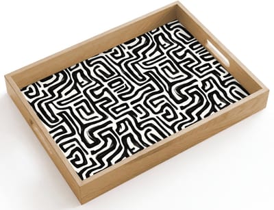 Dienblad hout 40x30 cm - Schootdienblad - Grafisch - Lijnen - Zwart - Wit - Borrelplank rechthoek - Plateau dienbladen