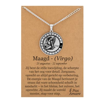 Sterrenbeeld Maagd (Virgo) Ketting op Cadeau Kaartje - Zilverkleurig - Roestvrij Staal Zodiac Talisman - Stainless Steel - 60cm - Pax Amare