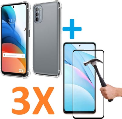 Shockproof Soft TPU hoesje Silicone Case Geschikt voor: Motorola Moto G31 met 3X Full Tempered glas Screen Protector