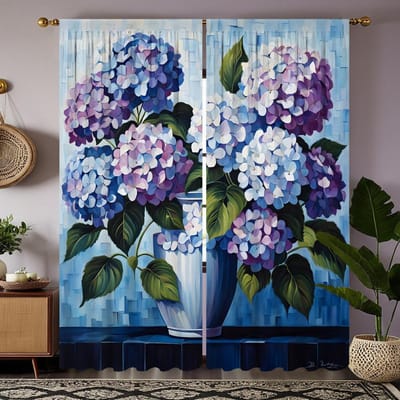 2 stuks HD decoratief gordijn Blauw paars hortensia blauwe strik digitaal bedrukt gordijn Woondecoratiestijl Versier woonkamer slaapkamer W52H63inchW132H160cm black