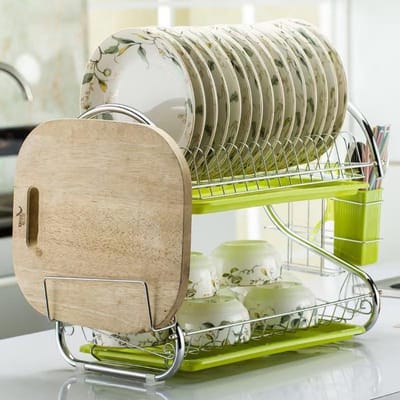 2-Tier RVS Afdruiprek met Druppelbak Grote Capaciteit Schotel Rack Utensil Houder voor Keuken Aanrecht Top