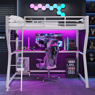 BLACKCOLORS Hoogslaper, 90*200 cm, met ledverlichting, computerconsole, bureau, stopcontact + USB, leuning, trap, zonder matras, wit