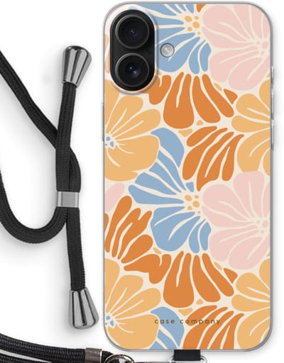 Case Company® - Hoesje met koord geschikt voor iPhone 16 Plus hoesje met Koord - Flowers Pattern 2 - Telefoonhoesje met Zwart Koord - Bescherming aan alle Kanten en Over de Schermrand