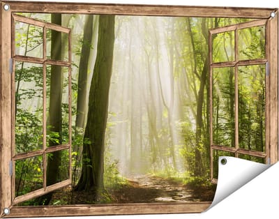 Gards Tuinposter Doorkijk Bos met Bomen en Zonneschijn - 90x60 cm - Tuindoek - Tuindecoratie - Wanddecoratie buiten - Tuinschilderij